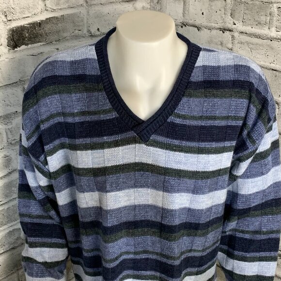 Vintage 90s Cherokee Blue Striped V-Neck Sweater - Picture 2 of 10